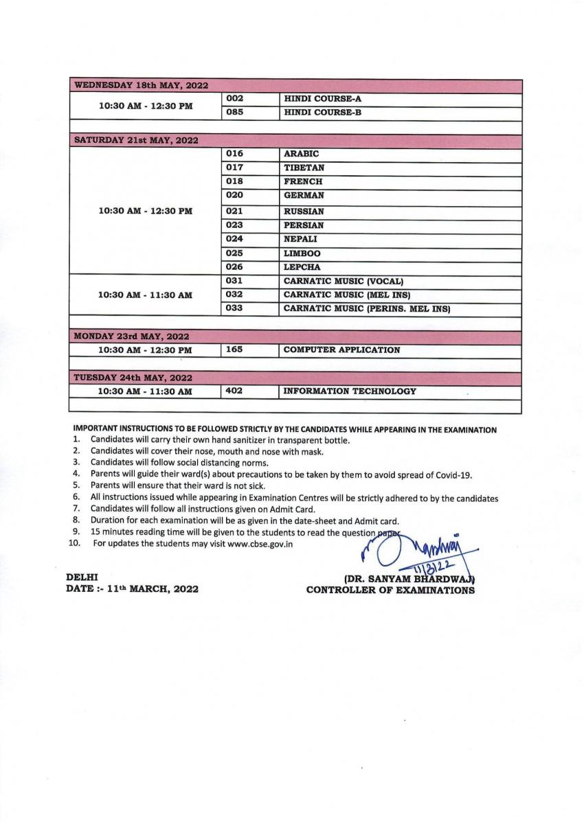 Class 10 datesheet