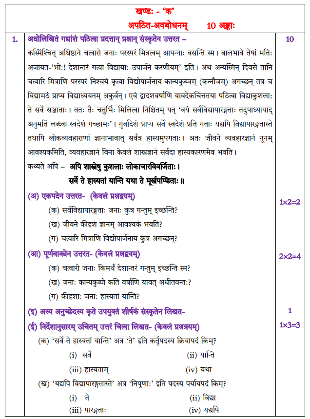 CBSE Class 12 Sanskrit Elective Sample Paper 2023 with Answers