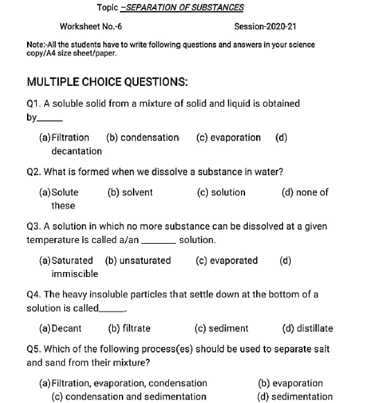 class6 science worksheet 6 1