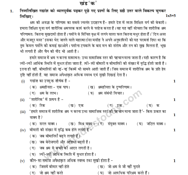  Class 10 Hindi Question Paper