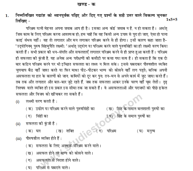 CBSE Class 10 Hindi Question Paper 