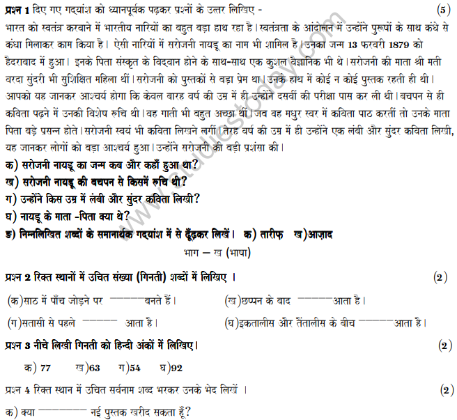 Cbse Class 5 Hindi Sample Paper Set E