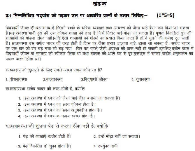 CBSE Class 6 Hindi Sample Paper Set T