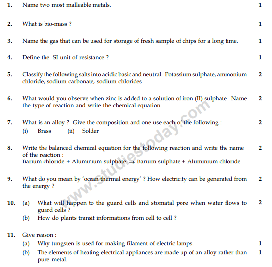 CBSE Class 10 Science Sample Paper 2014 (10)