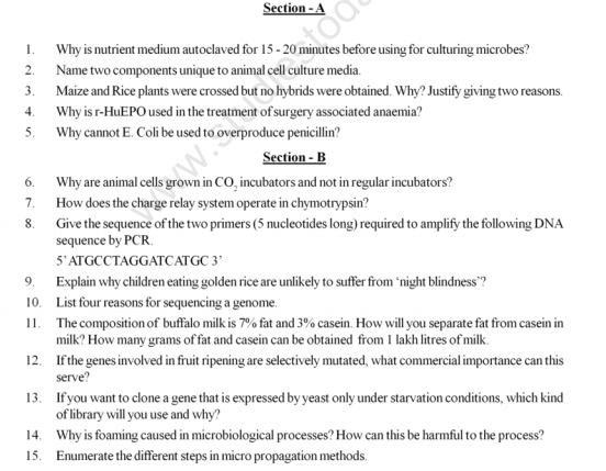 CBSE Class 12 Biotechnology Sample Paper Set A
