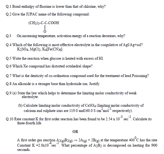 CBSE Class 12 Chemistry Sample Paper SA1 2015