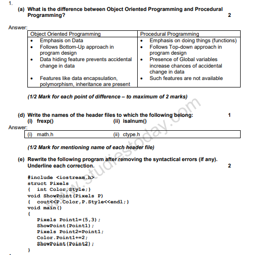 CBSE Class 12 Computer Science Sample Paper 2009 Set A