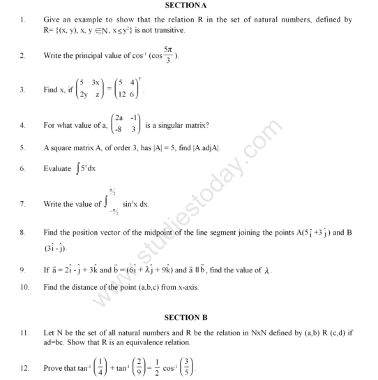 CBSE Class 12 MathematicsS Sample Paper