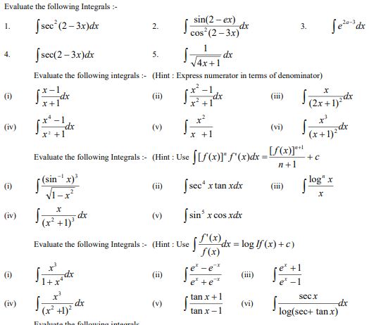 CBSE Class 12 Mathematics Integration Worksheet Set A