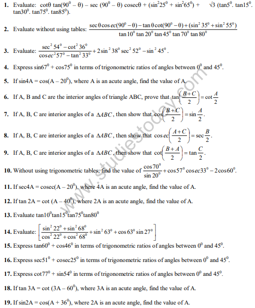 Trigonometry Questions Class 10