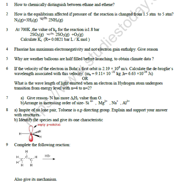 CBSE Class 11 Chemistry Question Paper Set P