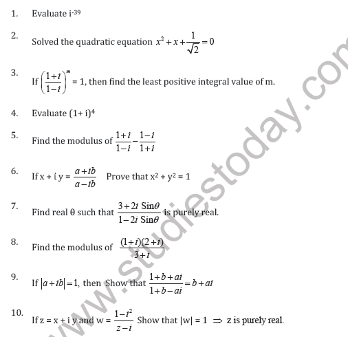 CBSE Class 11 Complex Numbers and Quadratic Equation Worksheet A