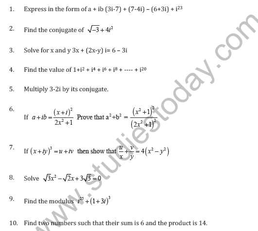 CBSE Class 11 Complex Numbers and Quadratic Equation Worksheet C