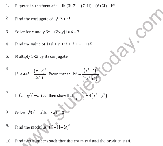 Cbse Class 11 Complex Numbers And Quadratic Equation Worksheet C