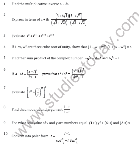 CBSE Class 11 Complex Numbers and Quadratic Equation Worksheet D