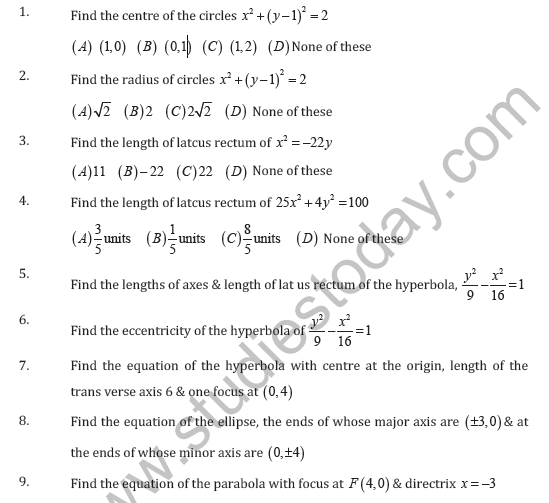 CBSE Class 11 Conic Section Worksheet E