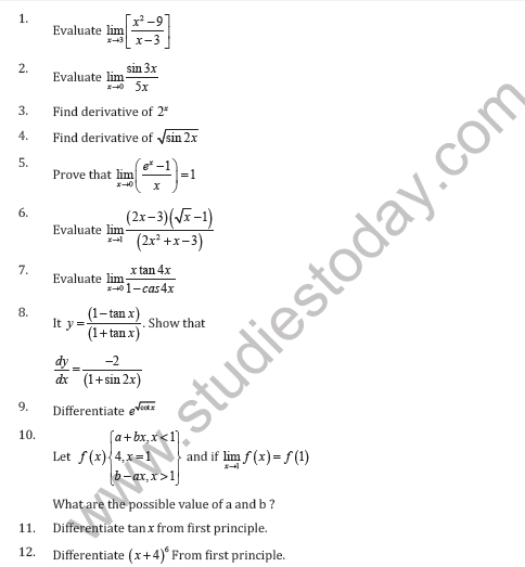 CBSE Class 11 Limits and Derivative Worksheet A