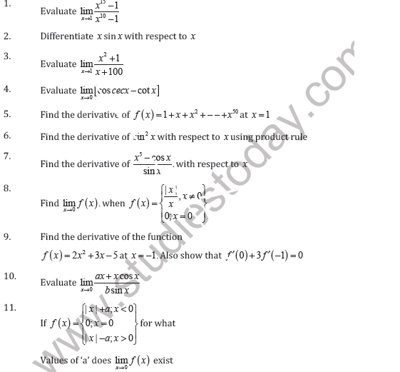 CBSE Class 11 Limits and Derivative Worksheet C