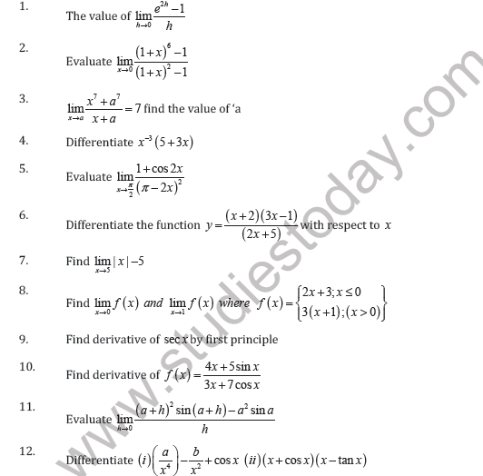 CBSE Class 11 Limits and Derivative Worksheet E