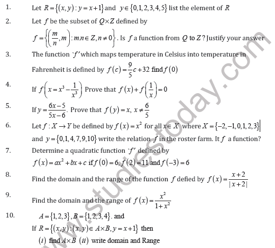 CBSE Class 11 Relations and Functions Worksheet E