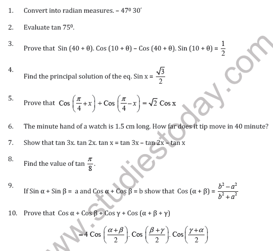 CBSE Class 11 Trigonometric Functions Worksheet A