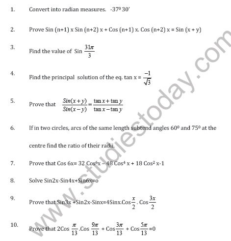 CBSE Class 11 Trigonometric Functions Worksheet B