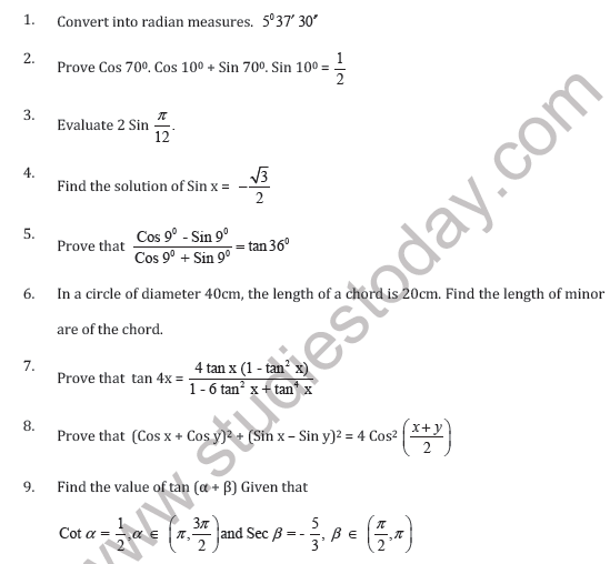 CBSE Class 11 Trigonometric Functions Worksheet C