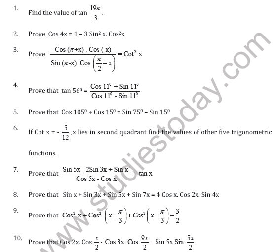 CBSE Class 11 Trigonometric Functions Worksheet D