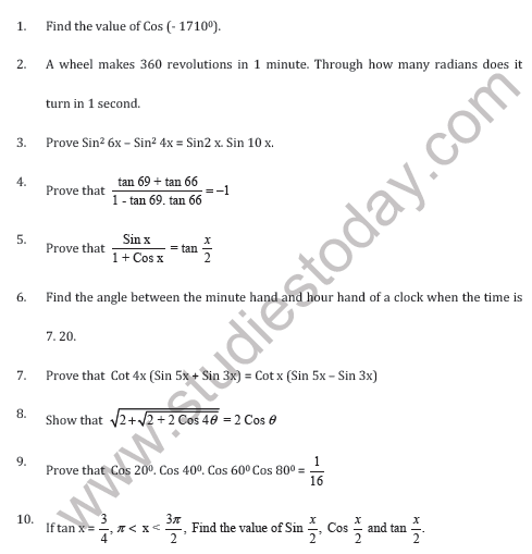 CBSE Class 11 Trigonometric Functions Worksheet E
