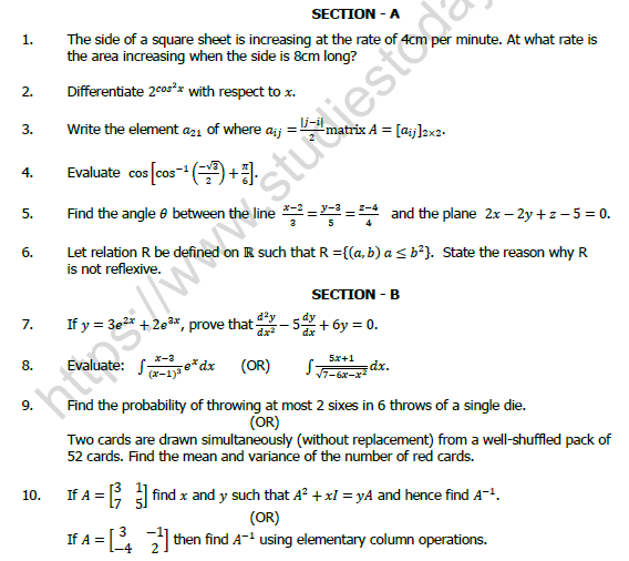 CBSE Class 12 Mathematics Question Paper 2021 Set B