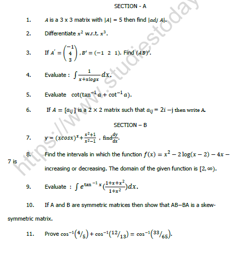 CBSE Class 12 Mathematics Question Paper 2022 Set B