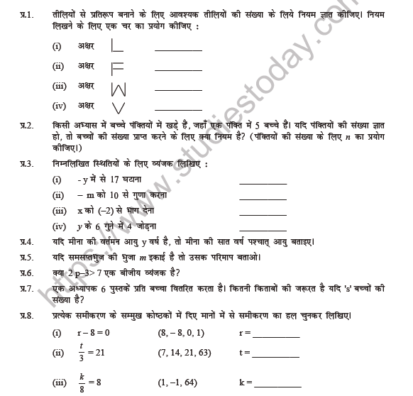 Class 6 Maths (Hindi) Bijganit Worksheet