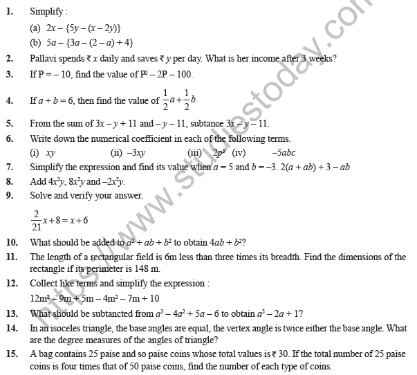 Class 7 Maths Algebraic Expressions Worksheet