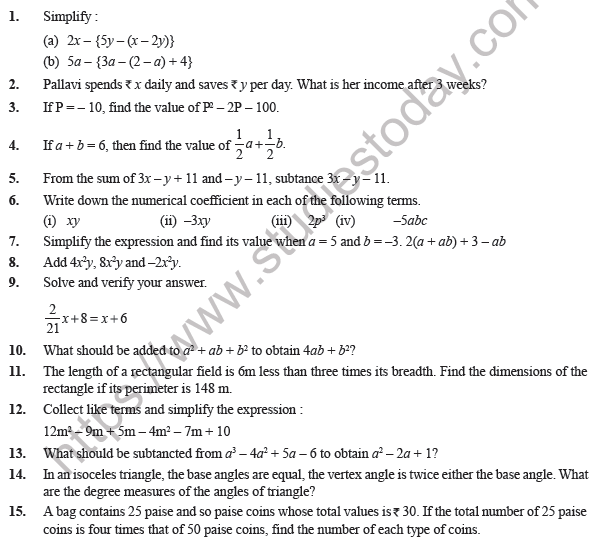 class 7 maths algebraic expressions worksheet