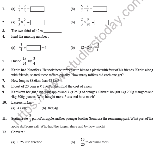 Class 7 Maths Fractions and Decimals Worksheet