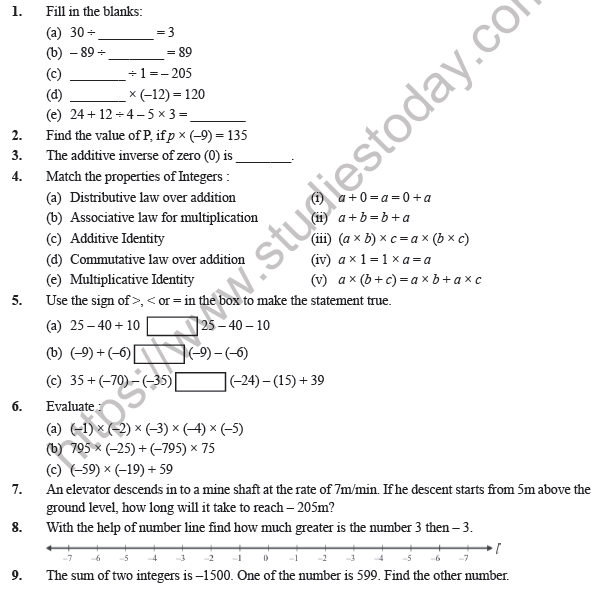 Class 7 Maths Integers Worksheet