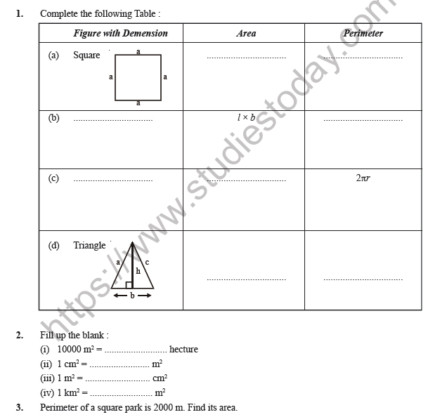 Class 7 Maths Perimeter and Area Worksheet