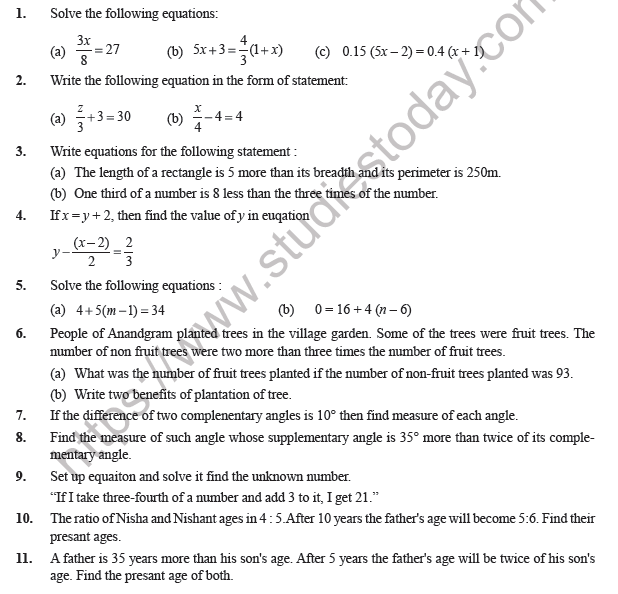 Class 7 Maths Simple Equations Worksheet