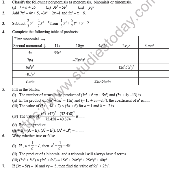 Class 8 Maths Algebraic Expressions and Identities Worksheet