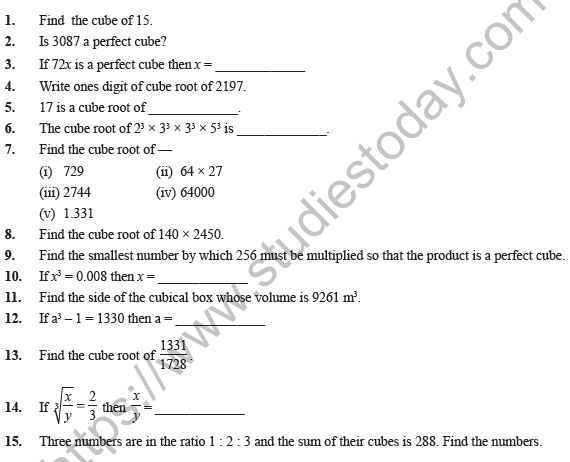 Class 8 Maths Cubes and Cube Roots Worksheet