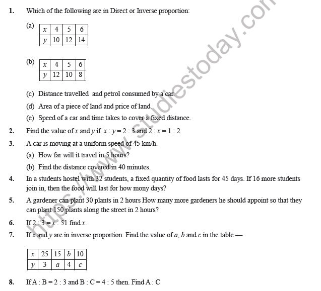 Class 8 Maths Direct and Inverse Proportion Worksheet