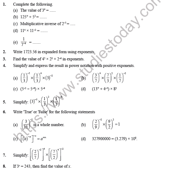 Class 8 Maths Exponents and Power Worksheet