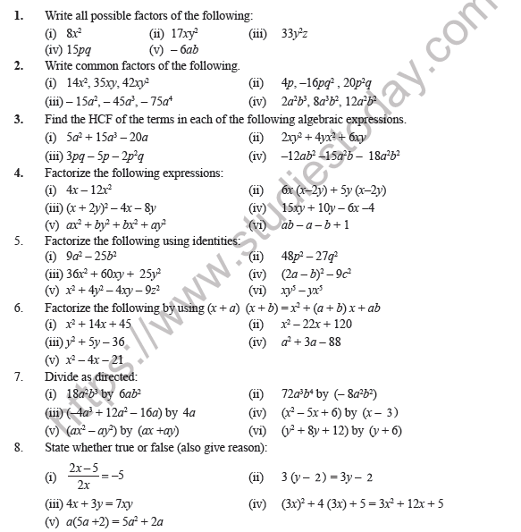 Class 8 Maths Factorisation Worksheet