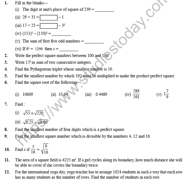 Class 8 Maths Square and Square Roots Worksheet