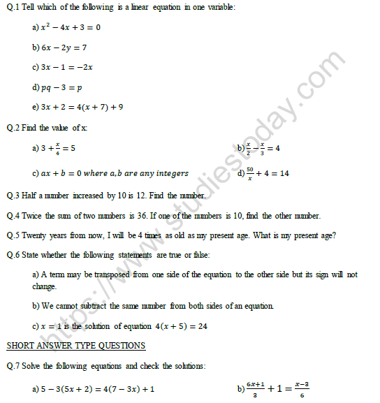 Class 8 Maths Linear Equations Worksheet Tessshebaylo