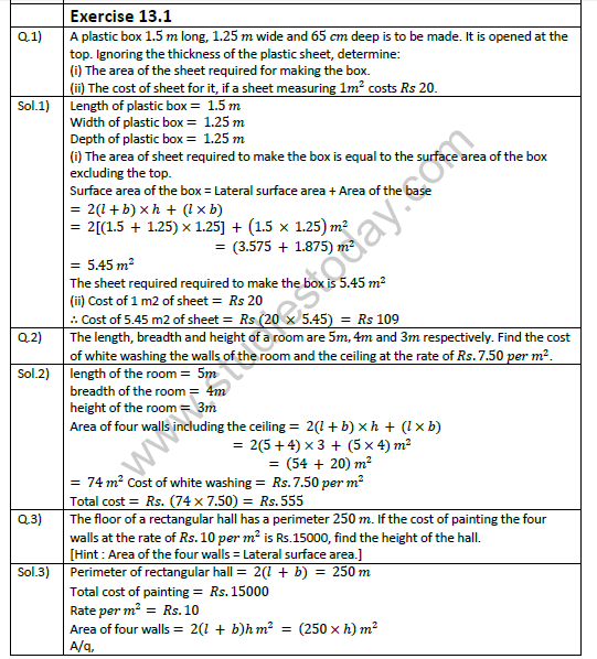 NCERT Solutions Class 9 Mathematics Chapter 13 Surface Area and Volume