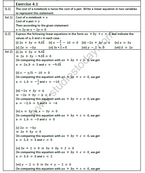 Ncert Solutions Class 9 Mathematics Chapter 4 Linear Equations In Two Variables