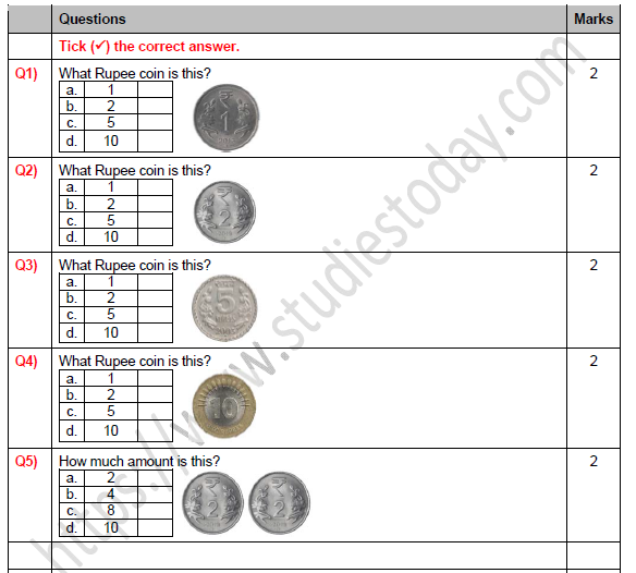 CBSE Class 1 Maths Money Worksheet Set A