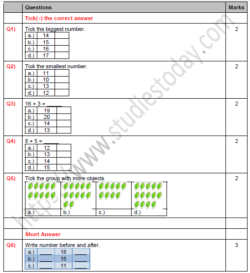 CBSE Class 1 Maths Number from Ten to Twenty Worksheet Set H