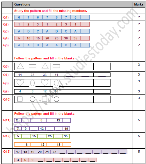 CBSE Class 1 Maths Pattern Worksheet Set C